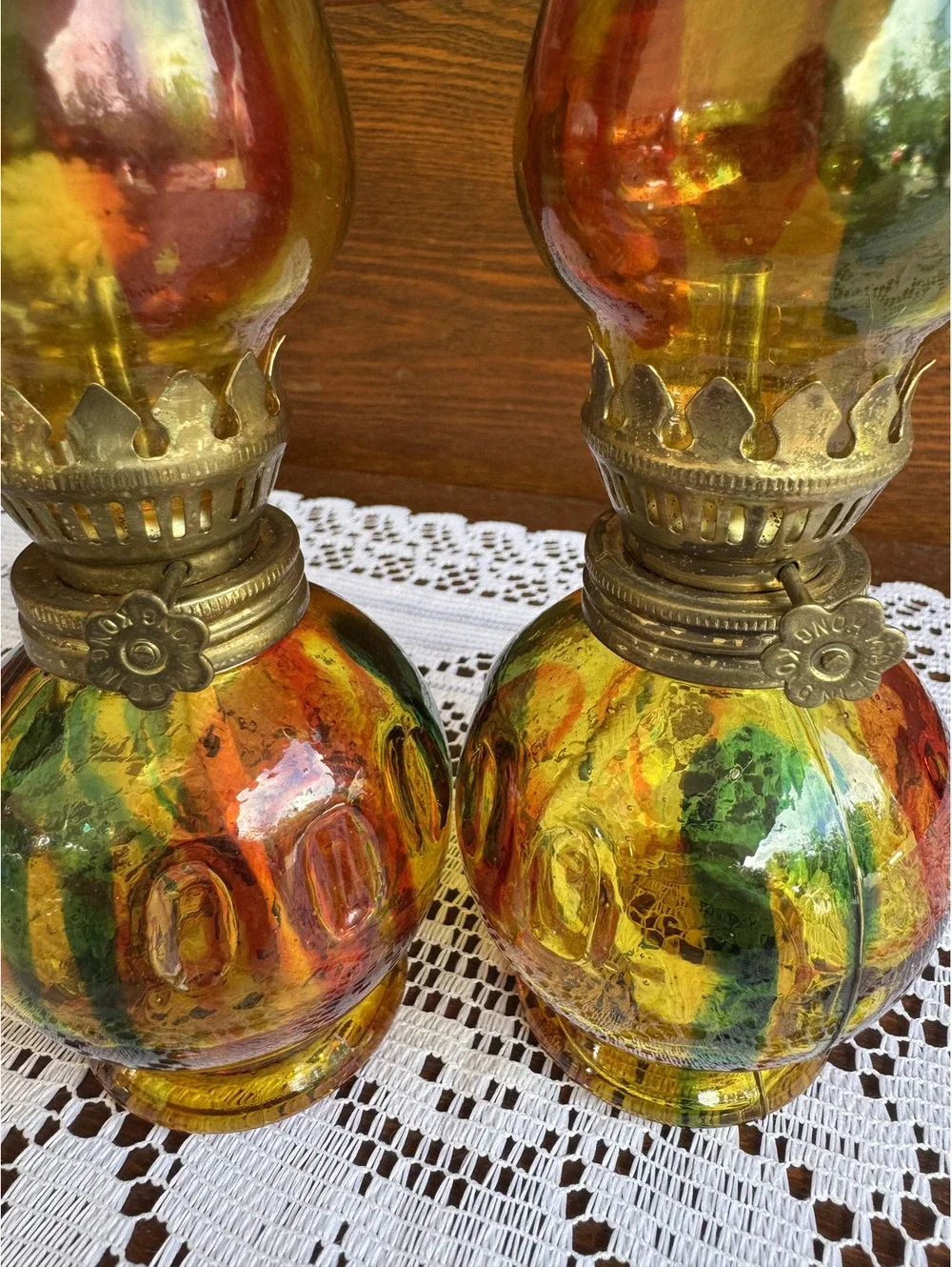 Pair of Vintage Colorful Vintage Glass Oil Lamps
